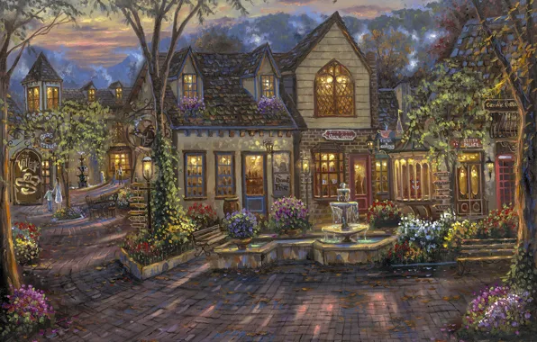 Flowers, home, the evening, cafe, shop, fountain, painting, Robert Finale