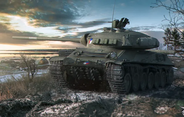 Snow, river, shore, tank, twilight, average, World of Tanks, Skoda