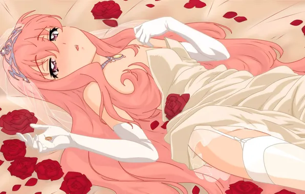 Girl, bed, roses, necklace, crown, ring, gloves, wedding dress