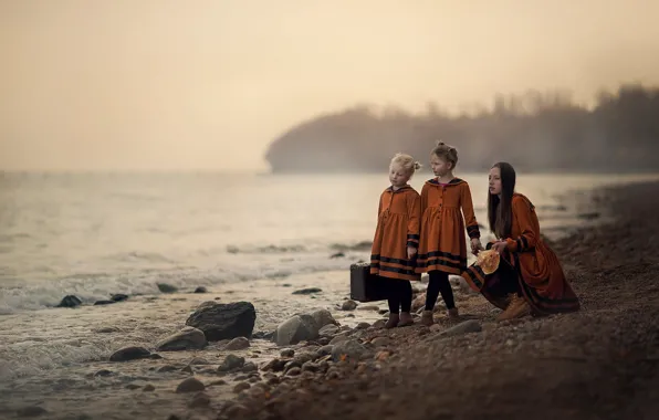 Girl, shore, girls, suitcase, dresses, Adventure on the beach