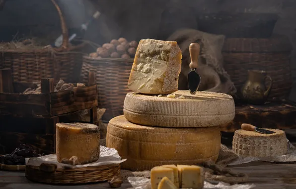 Cheese, nuts, still life, basket, cheese, Alexander Hardin