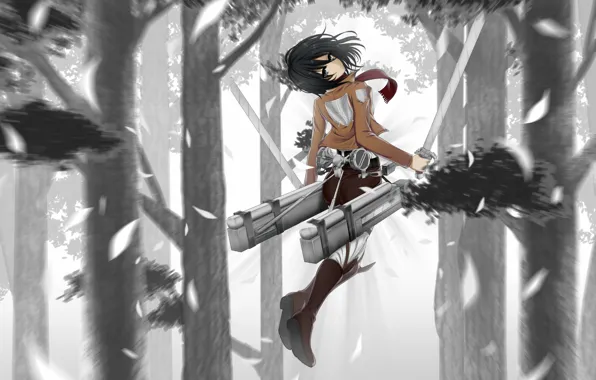 Picture girl, trees, nature, weapons, sword, anime, art, shingeki no kyojin