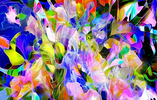 Line, flowers, rendering, paint, petals