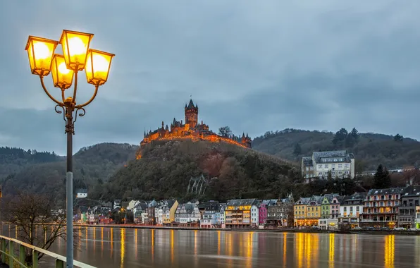 Picture the sky, clouds, the city, river, castle, home, Germany, lights