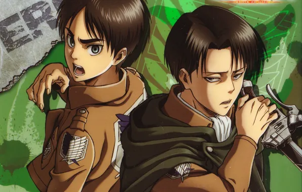 Emblem, cloak, military uniform, two guys, back to back, Shingeki no Kyojin, Eren Yeager, The …