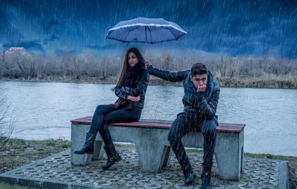 Picture girl, rain, umbrella, guy, is love