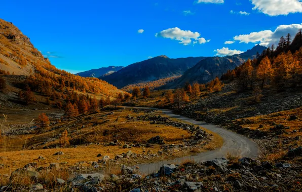 Road, autumn, forest, the sky, clouds, trees, mountains, stones