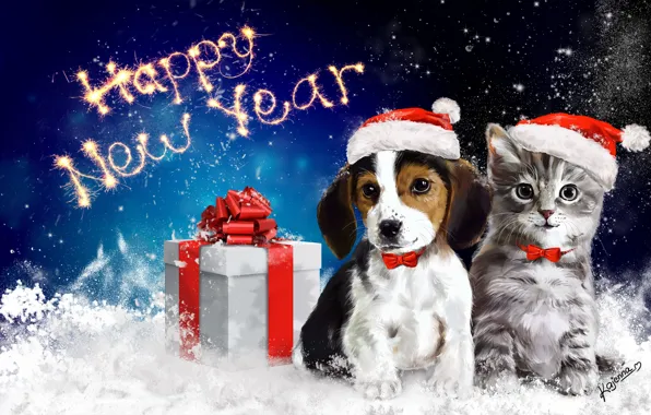 Picture animals, snow, gift, new year, cat, art, bow, dog