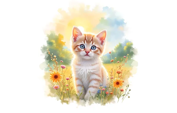 Cat, summer, the sky, look, flowers, nature, pose, kitty