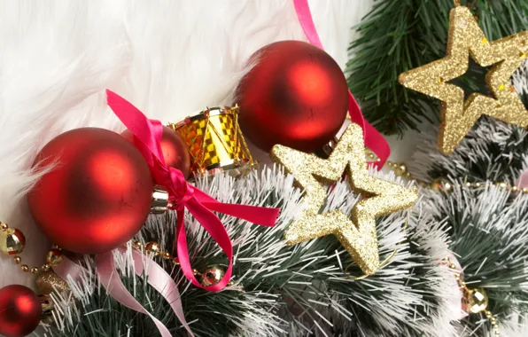 Tape, balls, fur, stars, drum, Christmas decorations