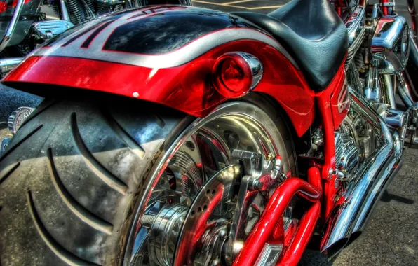 Red, engine, wheel, motorcycle, rubber, chrome and black