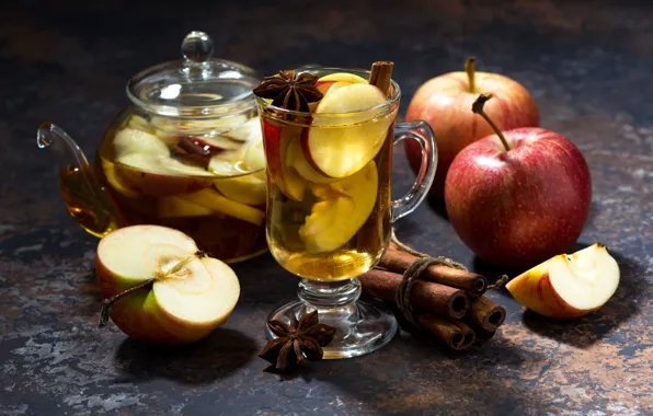 Apples, kettle, mug, drink, cinnamon