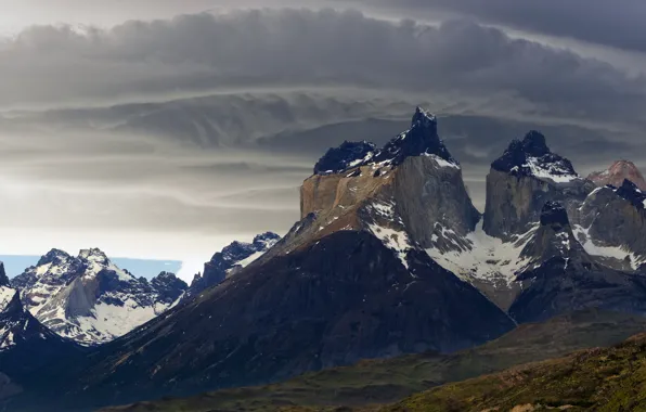 Winter, clouds, snow, landscape, mountains, clouds, overcast, tops