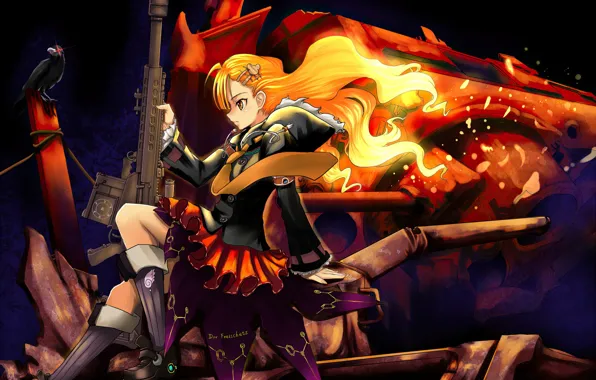 Girl, weapons, bird, Raven, crow