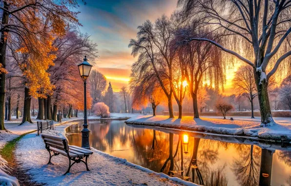 Snow, trees, sunset, pond, Park, lights, benches