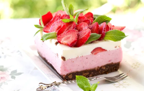 Berries, strawberry, plate, cake, cake, plug, mint, dessert