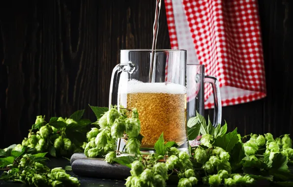Foam, bubbles, the dark background, beer, towel, alcohol, mug, jet