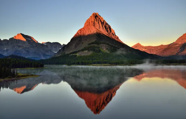 Sunset, Nature, Reflection, Fog, Lake, Mountain, Landscape