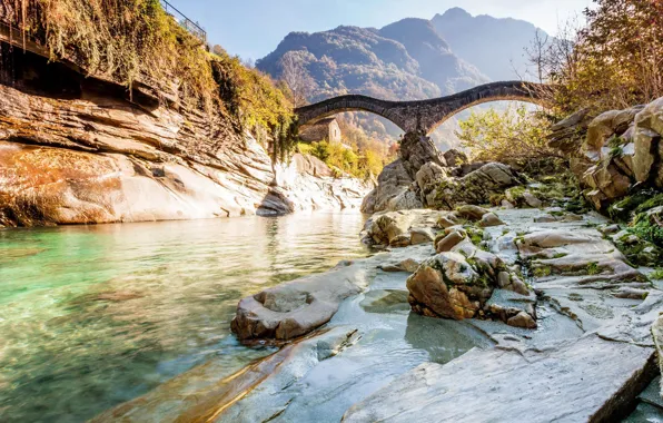 Mountains, bridge, river, Switzerland, Switzerland, Verzasca Valley, Lavertezzo, Ponte dei Salti
