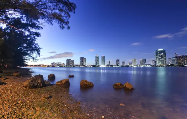 Picture water, trees, the city, stones, shore, home