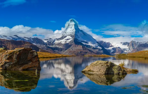 The sky, snow, lake, mountain, Switzerland, Alps, Matterhorn