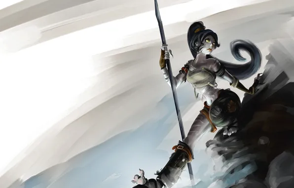 Picture girl, art, spear, girl, cat, league of legends, Nidalee
