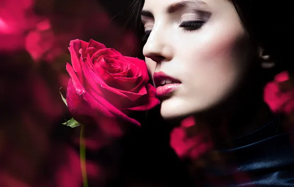 Girl, flowers, face, makeup, red rose