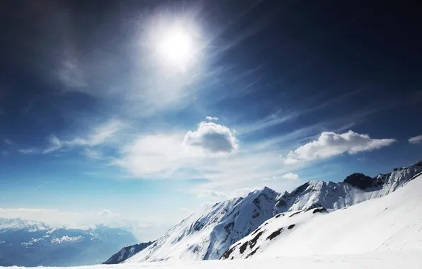 Picture the sky, the sun, clouds, snow, mountains, nature, rocks, height