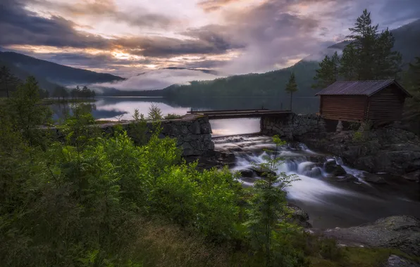 Picture sunset, house, dam