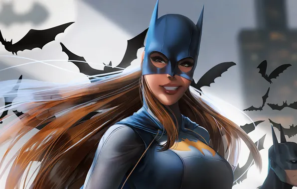 Girl, smile, mask, art, beauty, bats, Batgirl, Batgirl