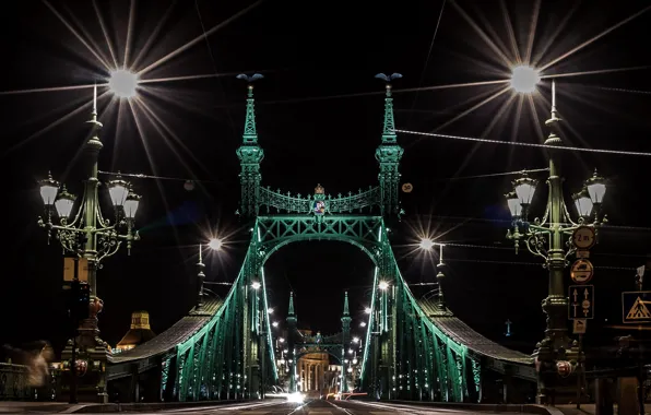 Night, lights, Hungary, Budapest, Liberty Bridge