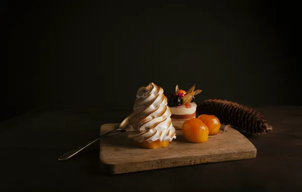 Picture the dark background, cutting Board, dessert, cream, layer