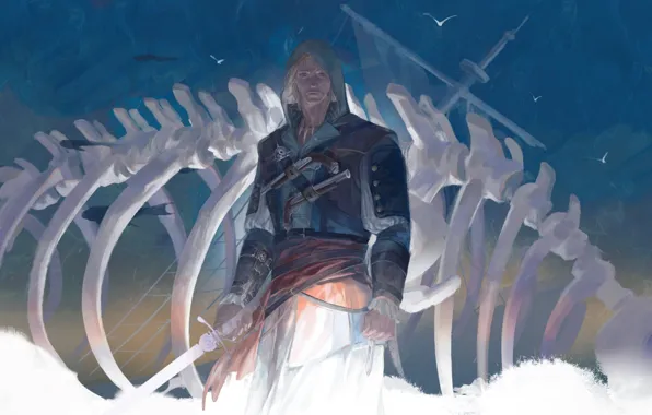 The sky, fish, weapons, ship, seagulls, skeleton, male, Assassin’s Creed