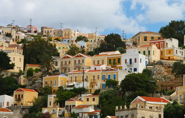 Yellow, Greece, houses, town, bright, a lot, fabulous, Simi