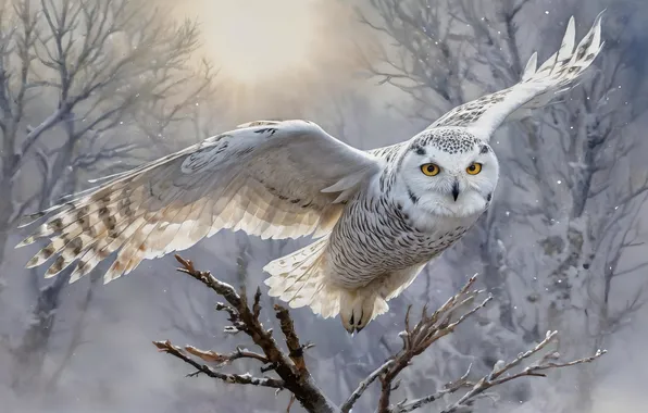 Winter, frost, forest, look, light, snow, trees, flight