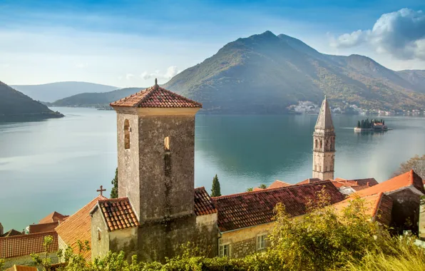 Mountains, shore, tower, home, Bay, Sunny, Montenegro, Perast