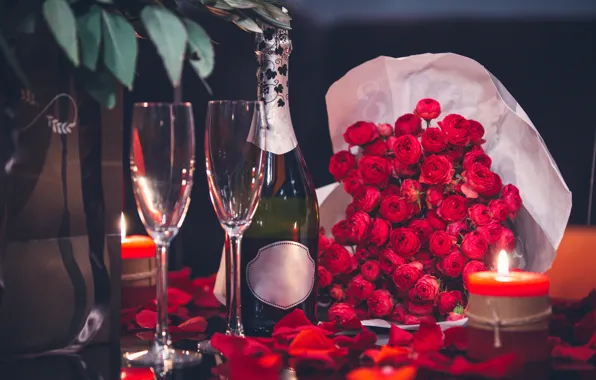 Flowers, glass, bottle, roses, bouquet, candles, petals, champagne