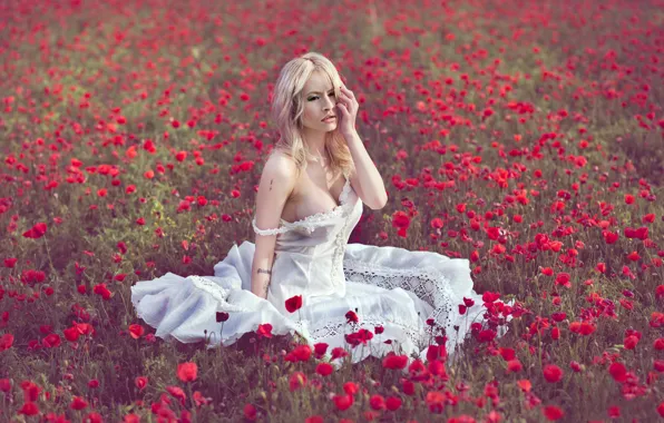 Field, girl, flowers, mood, Maki, dress, meadow, Vanessa Galway