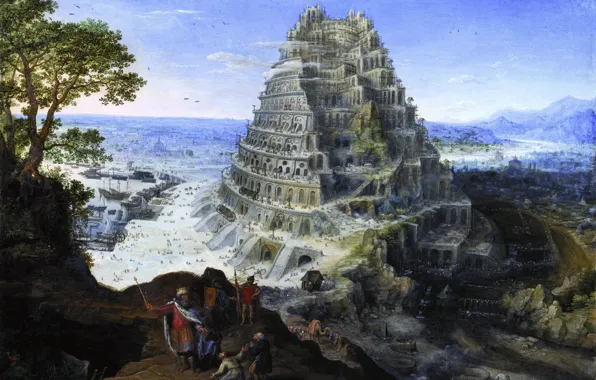 Picture tower, ships, Babylon, Tower of Babel, Lucas, Falkenborg, Lucas van Valckenborch, The tower of Babel