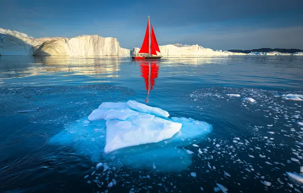 Winter, sea, light, reflection, blue, ship, sailboat, ice