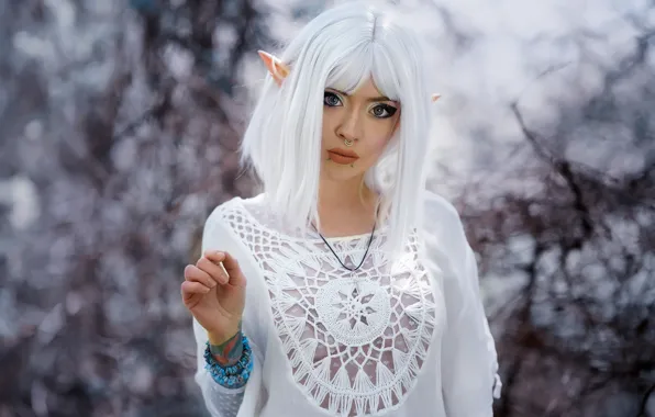 Look, portrait, piercing, elf, ears, white hair, cosplay, bokeh