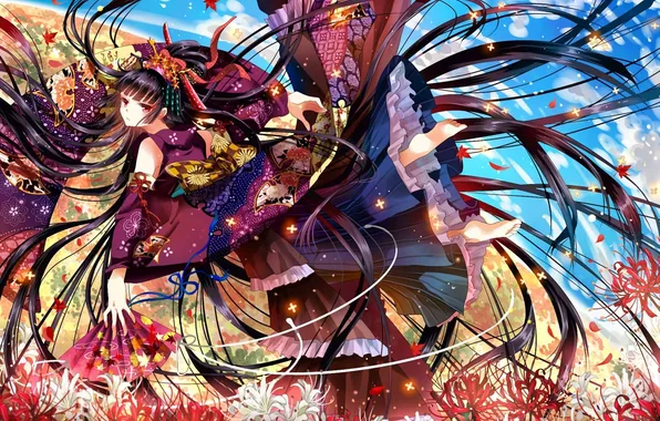 Girl, flowers, abstraction, fan, art, kimono, nekozuki yuki