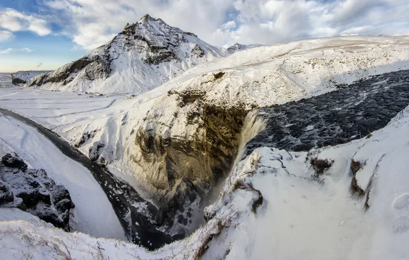 Winter, snow, mountains, nature, river