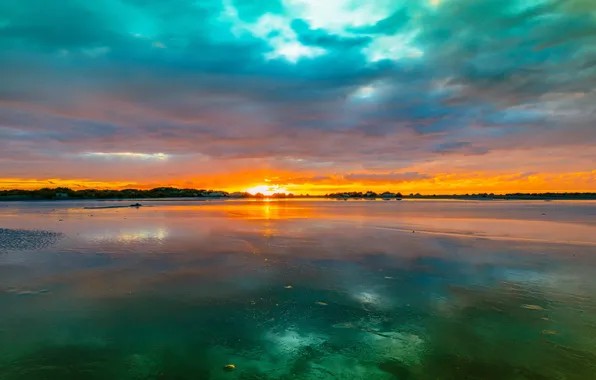 Picture the sky, clouds, sunset, nature, lake, reflection, paint, glow