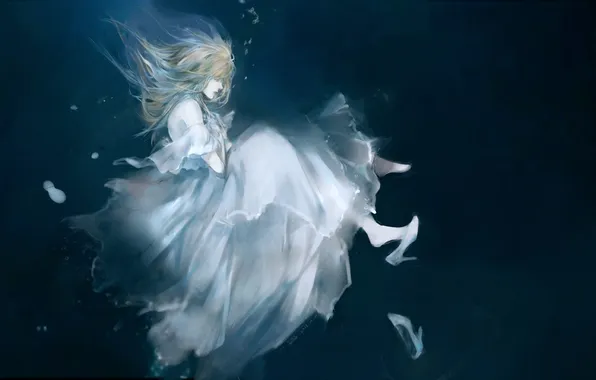 Picture girl, figure, dress, shoes, under water, drowning
