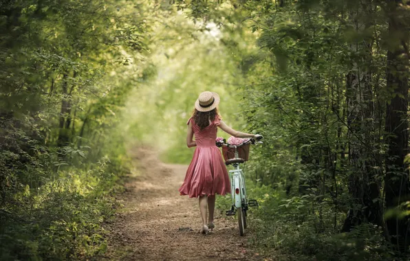 Picture girl, light, nature, bike, back, dress, Anastasia Barmina