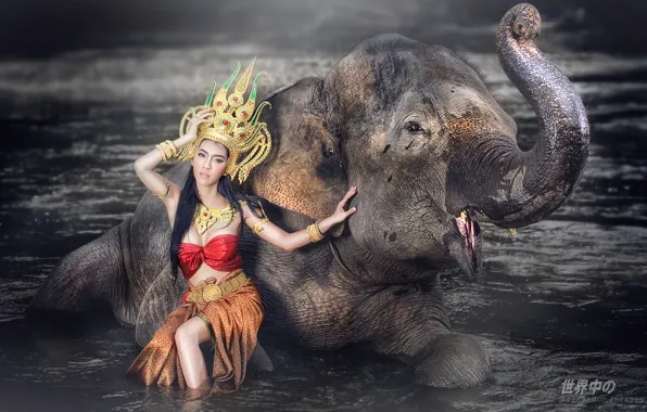 Picture water, girl, style, elephant, outfit, Asian