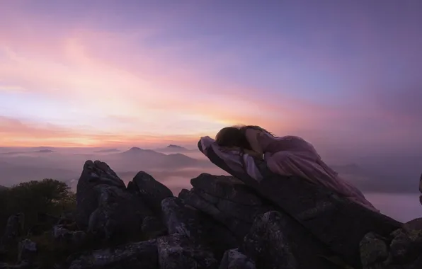 The sky, girl, clouds, mountains, nature, pose, fog, stones