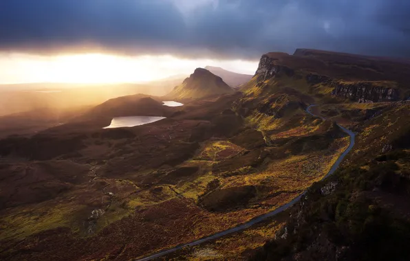 Picture road, autumn, sunset, mountains, dawn, hills, Scotland