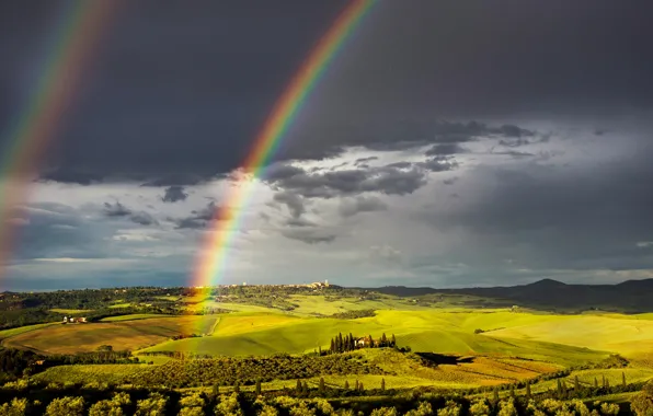 Field, the sky, rainbow, Italy, house, Tuscany, the